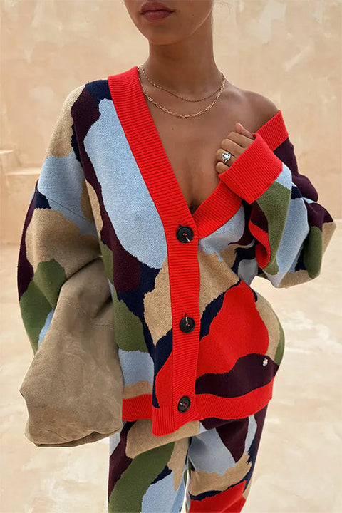 Karleedress V Neck Button Up Abstract Print Sweater Cardigan