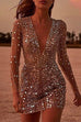 Karleedress Deep V Neck Mesh Sleeve Mini Sequin Club Dress