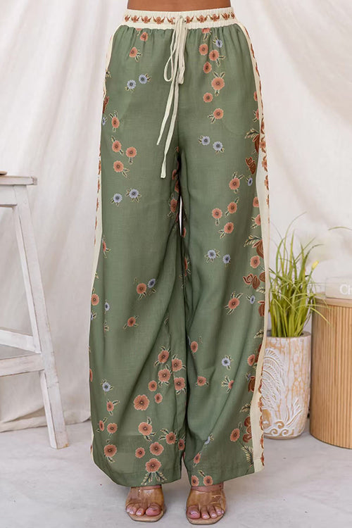Drawstring Elastic Waist Floral Print Wide Leg Pants