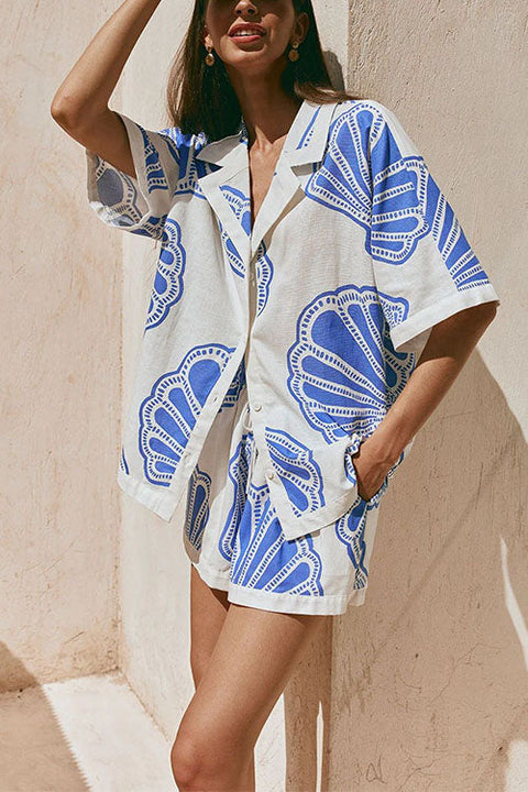Karleedress V Neck Short Sleeves Shirt and Drawstring Waist Shorts Seashell Print Set