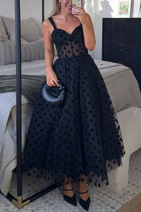 Karleedress V Neck Mesh Polka Dot A-line Midi Cami Dress