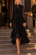 Karleedress Mock Neck Sheer Sleeve Pleated Ruffle High-Low Midi Dress (B)