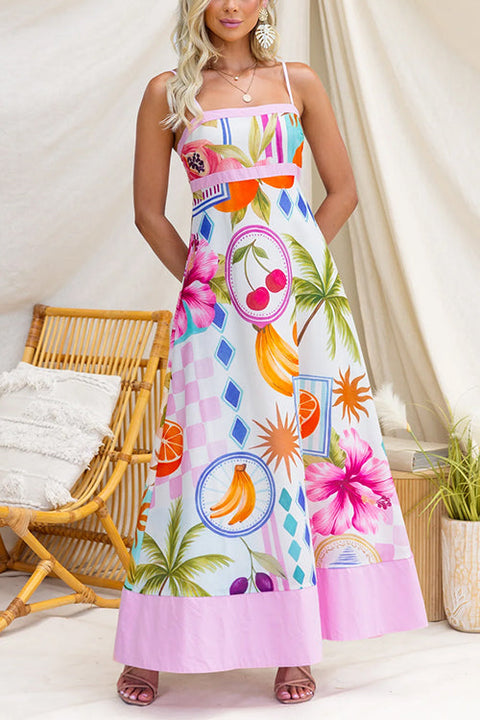 Spaghetti Strap Tropical Fruit & Floral Print A-Line Maxi Dress