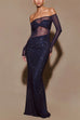 Karleedress Off Shoulder Long Sleeves Mesh Splice Sequin Maxi Party Dress