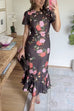 Crewneck Short Sleeves Floral Print Ruffle Hem Midi Dress