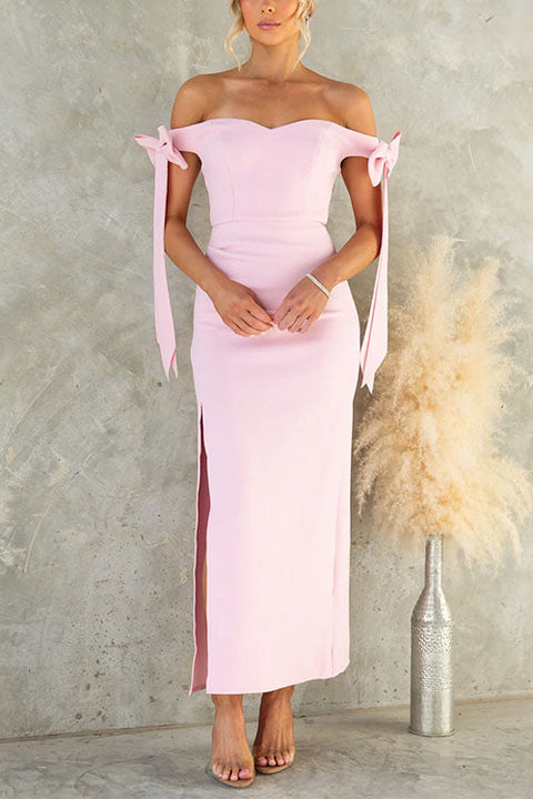 Off Should Bow Knot Slit Maxi Party Dress