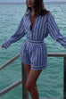 Karleedress Striped Long Sleeves Curve Hem Shirt and High Rise Shorts Set