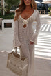 Karleedress V Neck Long Sleeves Backless Crochet Hollow Out Knit Maxi Dress
