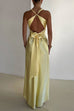 Karleedress V Neck Back Tie Bow Cut Out Satin Maxi Dress