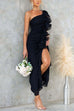 Karleedress One Shoulder Slit Ruffle Mesh Maxi Dress