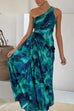 Karleedress One Shoulder Drawstring Cut Out Printed Maxi Pleated Dress
