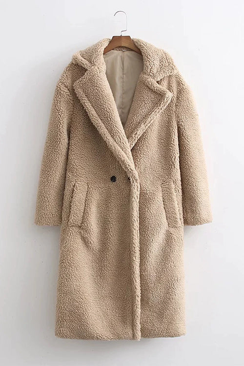 Karleedress Notch Lapel Double Breasted Pocketed Fuzzy Fleece Coat