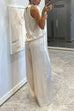 Cowl Neck Sleeveless Top and Elastic Waist Wide Leg Pants Satin Set