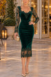 Karleedress V Neck Long Sleeves Lace Splice Velvet Bodycon Midi Dress