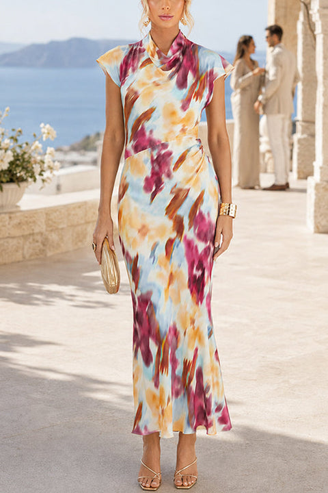 Cowl Neck Short Sleeves Tie Dye Maxi Dress