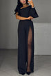 Karleedress Stylish One Shoulder Slit Long Sleeve Mesh Splice Wide Leg Jumpsuit