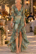 Karleedress V Neck Floral Print High Low Hem Ruffle Maxi Dress