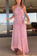 Karleedress Strappy Halter Neck Ruffle Trim Asymmetric Hem Pleated Maxi Dress
