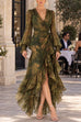 Karleedress V Neck Long Sleeves Printed Wraped Ruffle Maxi Dress