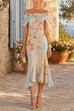 Karleedress Off Shoulder Floral Print Irregular Hem Midi Dress