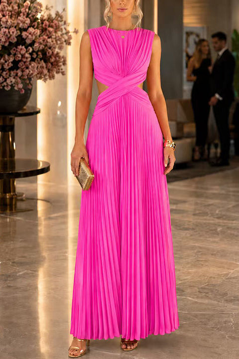 Karleedress Crewneck Sleeveless Open Back Pleated Maxi Dress