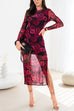Long Sleeves Roses Print Side Slit Midi Dress