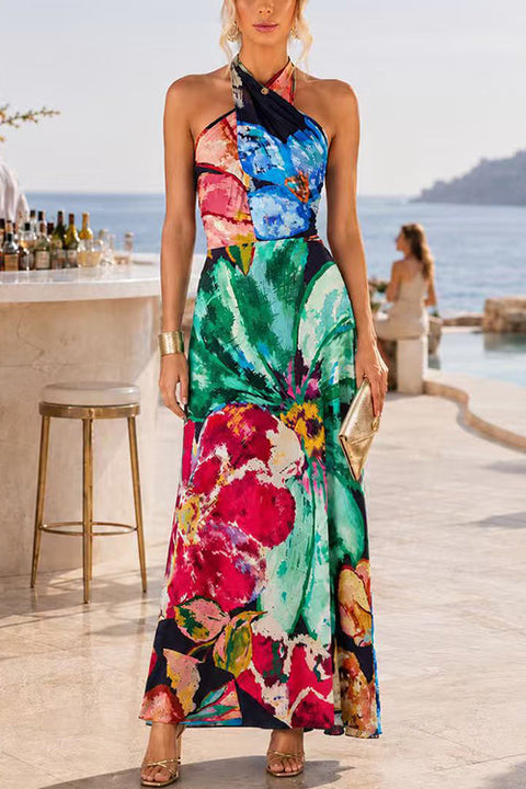 Halter Neck Abstract Floral Print Maxi Dress