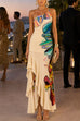 One Shoulder Sleeveless Floral Print Ruffle Slit Maxi Dress