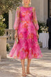 Karleedress Floral Print Long Sleeve A-Line Organza Midi Dress