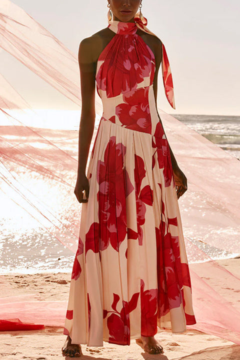 Bow Neck Sleeveless Floral Print Pleated Maxi Dress