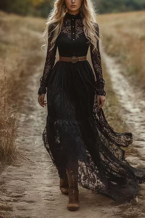 Karleedress Long Sleeves Button Up Lace Maxi Dress