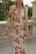 Sleeveless V Neck Lace Trim Tomato Print Maxi Dress
