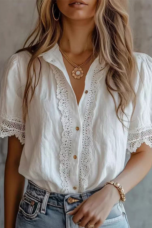 Karleedress Lapel Short Sleeves Button Up Lace Trim Top