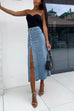 Karleedress Button Down Slit Midi Denim Skirt