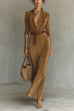 Karleedress Long Sleeves Button Up Faux Suede Belted Maxi Dress