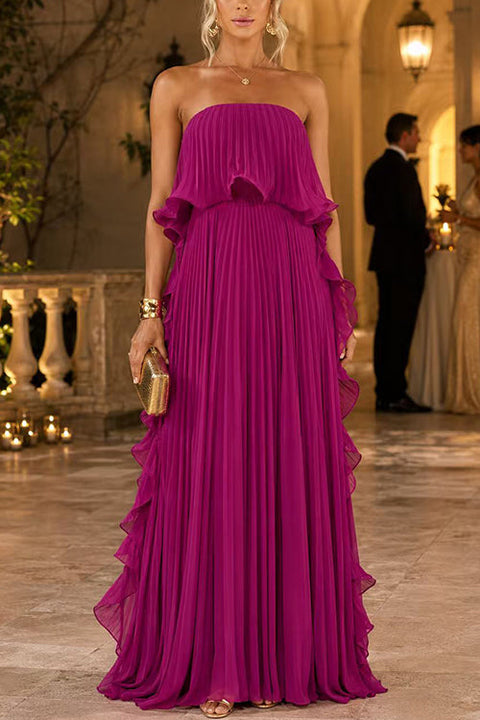 Karleedress Strapless Tube Ruffle Hem Pleated Maxi Dress