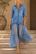 Karleedress Lapel Long Sleeves Organza Splice Ruffle Denim Maxi Dress