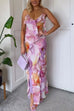 Karleedress V Neck Backless Ruffle Trim Slit Floral Print Maxi Cami Dress
