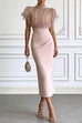 Mockneck Ruffle Short Sleeves Crop Top Back Slit Bodycon Maxi Dress Set