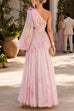 One Shoulder Puff Long Sleeve Cut Out Waist Printed Maxi Dress