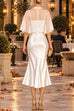 Karleedress Mock Neck Chiffon Cape Overlay Satin Midi Dress Set (C)