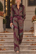 Karleedress Lapel Long Sleeves Shirt High Rise Pocketed Straight Leg Pants Paisley Print Set (A)