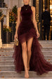 Karleedress Mock Neck Ruched Velvet & Tulle High-Low Maxi Dress