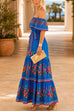 Karleedress Off Shoulder Bow Waist Floral Print Ruffle Maxi Dress