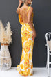 Cowl Neck Open Back Sun-Kissed Floral Satin Maxi Dress