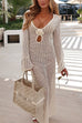 Karleedress V Neck Long Sleeves Backless Crochet Hollow Out Knit Maxi Dress