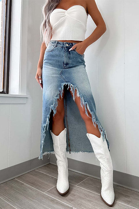 Karleedress Frayed High Low Hem Distressed Maxi Skirt