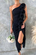 Karleedress One Shoulder Slit Ruched Ruffle Mesh Maxi Dress