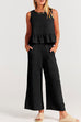 Karleedress Crewneck Ruffle Tank Top Wide Leg Pockets Pants Set