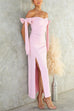Off Should Bow Knot Slit Maxi Party Dress
